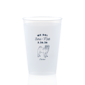 The We Do, I Do Too Cup features the phrase “We Do!” and “I Do Too!” along with the couple’s special name and date in playful script, accompanied by a hand-drawn dog illustration. Choose this cup to add personality guests will remember and reuse. Spot-on for wedding celebrations!