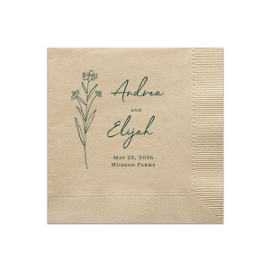 Embrace nature's charm with the Wildflower Couple Napkin, featuring a delicate wildflower stalk alongside the couple's names in a simple, organic script. The event date and location are subtly included, making this napkin ideal for celebrations that revel in the beauty of the outdoors and natural elegance.
