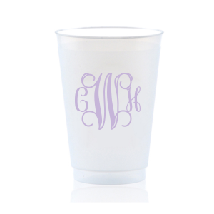 The Artistic Flourish Vine Monogram Frosted Cup design elegantly showcases a monogram of intertwined vine-like flourishes. This complex, artistic, design invites a closer look to decipher the initials, making a sophisticated and decorative statement that reflects the couple's unique style and penchant for flair.