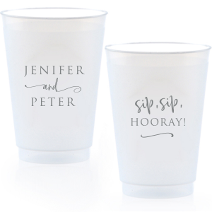 Raise your cups to cheer with the Stacked and Swirled/Sip Sip Hooray Frosted Cup—a design that celebrates love with elegance and a playful twist. Names are gracefully stacked, connected by a swirling flourish, while the reverse side exclaims "Sip Sip Hooray!", infusing joy into every toast.