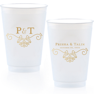 Sip in style with the Elegant Flourish Wedding Cup, where modern meets vintage in a curvy French flourish. Initials entwine with a swirly ampersand, while names and date sit elegantly above the same sophisticated swirl, toasting to timeless romance.