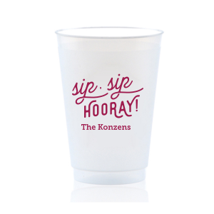 The Sip Sip Hooray! Names Frosted Cup design captures the essence of celebration with a witty twist on the classic cheer. Its lively, scrolling font turns each sip into a toast, making it a delightful tribute to the couple and the joy of their special day.