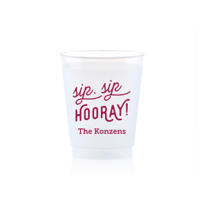 The Sip Sip Hooray! Names Frosted Cup design captures the essence of celebration with a witty twist on the classic cheer. Its lively, scrolling font turns each sip into a toast, making it a delightful tribute to the couple and the joy of their special day.