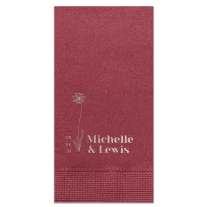 Our custom Plum Linen Like Cocktail Napkin with Shiny Sterling Silver Foil has a Stem Dandelion Flower graphic and is good for use in Floral themed parties and can't be beat. Showcase your style in every detail of your party's theme!