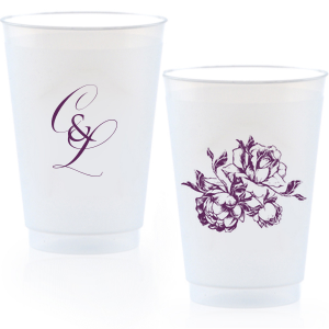 ForYourParty's elegant 9 oz Frost Flex Cup with Matte Eggplant Ink Cup Ink Colors has a Romantic Rose Bunch graphic and is good for use in Floral, Wedding, and Anniversary themed parties and will impress guests like no other. Make this party unforgettable.