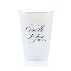 The Elegant Swirl Script Names Cup showcases the couple’s names in a fancy, swirling script, elegantly intertwined for a sophisticated touch. Stacked artistically, this design radiates elegance, adding a uniquely graceful accent to any celebration.