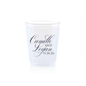 The Elegant Swirl Script Names Cup showcases the couple’s names in a fancy, swirling script, elegantly intertwined for a sophisticated touch. Stacked artistically, this design radiates elegance, adding a uniquely graceful accent to any celebration.