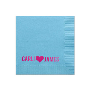 The Heartfelt Names Napkin beautifully expresses love in its simplest form. Featuring the couple's names in bold capitals with a large solid heart symbolizing 'loves' between them, this design evokes youthful declarations of affection, perfectly capturing the essence of their bond in a straightforward, yet poignant manner.