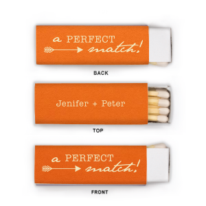 The Arrow Matchbox embodies the thrill of a perfect pairing, featuring a dynamic right-facing arrow that zeroes in on the word 'MATCH' with playful precision. The couple's names on the reverse side add a personalized touch, making these matches a hit for any love-struck celebration.