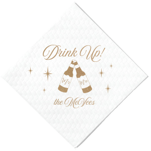 Our beautiful custom White Cocktail Napkin with Shiny Champagne Foil has a Mr & Mrs Bottles graphic and is good for use in Wedding, Drinks themed parties and will make your guests swoon. Personalize your party's theme today.