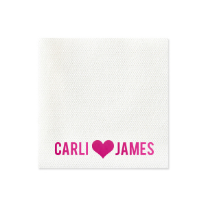 The Heartfelt Names Napkin beautifully expresses love in its simplest form. Featuring the couple's names in bold capitals with a large solid heart symbolizing 'loves' between them, this design evokes youthful declarations of affection, perfectly capturing the essence of their bond in a straightforward, yet poignant manner.