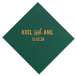 The Accented Together Napkin playfully spotlights the "and" in a whimsical script, nestled between the couple's names in bold block letters. Flourishes frame this fun connector, underscoring their joyful union. Below, the wedding date adds a sweet final touch to this celebration of togetherness.
