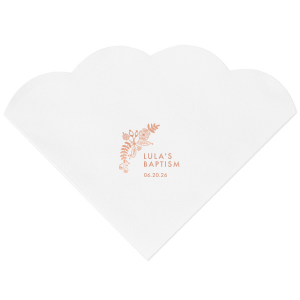 Celebrate with the Floral Bough Baptism Napkin, where beauty and grace intertwine. A lush bough of flowers and foliage arches diagonally, elegantly framing the baptismal announcement. Perfect for adding a touch of natural splendor to this sacred moment.