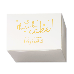 Delight guests with the Stars and Cake Favor Box, featuring the playful phrase “let there be cake!” in lively script, adorned with twinkling stars. Below, a personalized message and the celebrant’s name add a festive touch, making this box a charming way to share cake happiness.