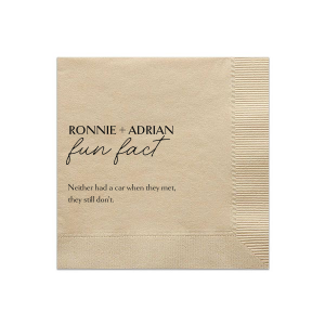 Spark curiosity with the Short Fun Fact Napkin playfully scripted beneath the couple's bold names. With space for two engaging facts, these napkins invite guests to connect and share in the couple's unique story, enhancing any celebratory gathering.