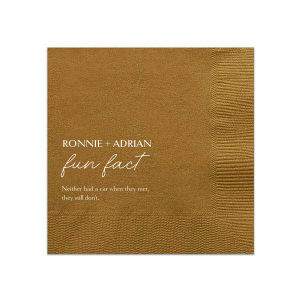 Spark curiosity with the Short Fun Fact Napkin playfully scripted beneath the couple's bold names. With space for two engaging facts, these napkins invite guests to connect and share in the couple's unique story, enhancing any celebratory gathering.