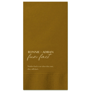 Spark curiosity with the Short Fun Fact Napkin playfully scripted beneath the couple's bold names. With space for two engaging facts, these napkins invite guests to connect and share in the couple's unique story, enhancing any celebratory gathering.
