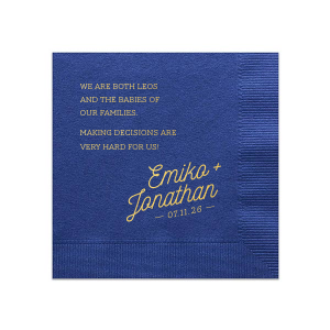 The Modern Script Couple Fact Napkin features playful fun fact text paired with elegant script names and a custom date. Add it to your reception to showcase your personalities and spark conversation among guests. A go-to for weddings!