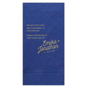 The Modern Script Couple Fact Napkin features playful fun fact text paired with elegant script names and a custom date. Add it to your reception to showcase your personalities and spark conversation among guests. A go-to for weddings!