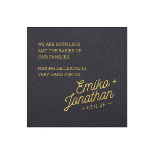 The Modern Script Couple Fact Napkin features playful fun fact text paired with elegant script names and a custom date. Add it to your reception to showcase your personalities and spark conversation among guests. A go-to for weddings!