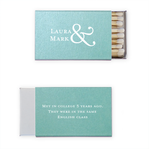 The Ampersand Couple Fact Match features the couple’s names in classic serif lettering paired with an oversized ampersand and a short fact on the reverse. Choose it to share a meaningful detail that feels personal and intentional. Tailor-made for weddings as thoughtful event favors.