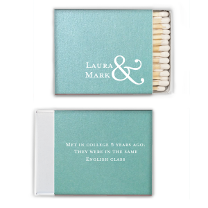 The Ampersand Couple Fact Match features the couple’s names in classic serif lettering paired with an oversized ampersand and a short fact on the reverse. Choose it to share a meaningful detail that feels personal and intentional. Tailor-made for weddings as thoughtful event favors.