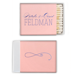 The Romantic Flourish Script Name Match design harmoniously fuses refined and playful styles. Elegant flourished script presents the couple’s first names, artfully merging with their newly shared last name in a contrasting contemporary font. A solitary back flourish lends sophistication, symbolizing their intertwined lives. 