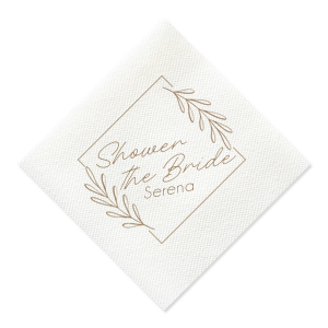 Our custom White Cocktail Napkin with Shiny Champagne Foil has a Leaf Diamond Frame graphic and is good for use in Frames, Geometric, Floral themed parties and will give your party the personalized touch every host desires.