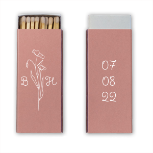 The Script Floral Initials match features delicate botanical illustration paired with flowing initials and a stacked customizable date on the reverse. Choose it to add a soft, romantic detail that guests will admire. Perfect for weddings and engagement celebrations.