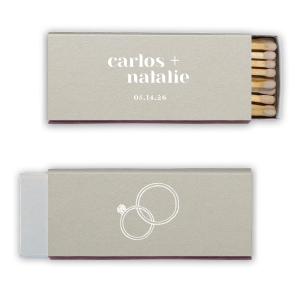 Our personalized Natural Gray Classic Matchbox with Matte White Foil has a Wedding Rings graphic and is good for use in Wedding themed parties and can be personalized to match your party's exact theme and tempo.