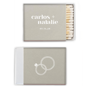 Our personalized Natural Gray Classic Matchbox with Matte White Foil has a Wedding Rings graphic and is good for use in Wedding themed parties and can be personalized to match your party's exact theme and tempo.