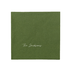 The Handwritten Last Name Napkin exudes elegance through simplicity. Positioned at the lower center near the border, the design features "The [Last Name]" in a script that mimics a personal, handwritten touch. This design lends an intimate and bespoke feel to the napkin, subtly celebrating the couple's union in a refined and understated manner.