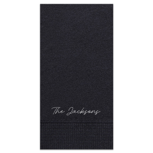 This custom Handwritten Last Name napkin features a minimalist white cursive font for a sophisticated and personal touch. Enhance your next dinner party by adding these elegant linens to your table setting for a truly cohesive look. These are perfect for holiday gatherings or upscale family dinner celebrations.