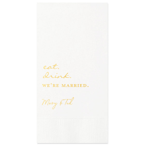 The Eat Drink We're Married Script Name Wedding Napkin design presents a whimsical twist on a familiar saying. Featuring playful lowercase script, the message culminates in bold, all-caps "WE'RE MARRIED." Below, the couple's names in a handwritten-style script add a personal touch to this fun, memorable design.