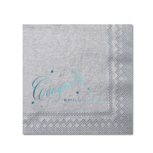 Celebrate special moments with the Small Confetti Dot Congrats Napkin, featuring 'Congrats' in an exuberant, flourished script, accentuated by fluttering dots that amplify its joyful energy. Below, the couple's names in simple block capitals add a grounding contrast, perfectly capturing the spirit of congratulations and celebration.