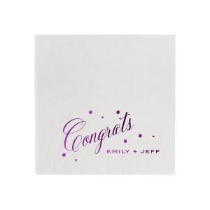 Celebrate special moments with the Small Confetti Dot Congrats Napkin, featuring 'Congrats' in an exuberant, flourished script, accentuated by fluttering dots that amplify its joyful energy. Below, the couple's names in simple block capitals add a grounding contrast, perfectly capturing the spirit of congratulations and celebration.