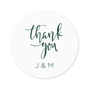 ForYourParty's elegant White Small Round Label with Matte Spruce Ink Label Print Colors has a Thank You 2 graphic and is good for use in Words, Hearts, Wedding themed parties and can be customized to complement every last detail of your party.