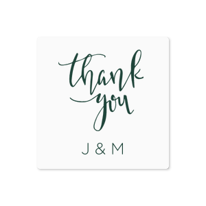 ForYourParty's elegant White Small Round Label with Matte Spruce Ink Label Print Colors has a Thank You 2 graphic and is good for use in Words, Hearts, Wedding themed parties and can be customized to complement every last detail of your party.