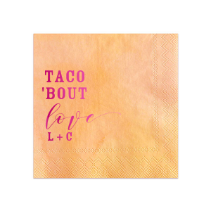 The Taco Love Napkin is a witty and fun design. This design playfully makes the whimsical foodie declaration: "Taco 'Bout Love!" It's a clever, upbeat nod of bold block and lively script fonts, inviting guests to savor both the food and the sweet romance in the air.