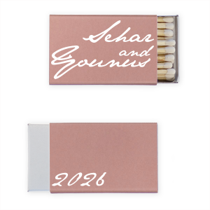 Strike a statement with the Bold Script Matchbox, where contemporary style meets personal touch. The front boldly displays the couple's first names in a modern script, while the back simply presents the year. This design combines artistic flair with fun, perfect for couples looking to add a distinctive accent to their special day.