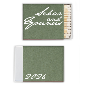 Strike a statement with the Bold Script Matchbox, where contemporary style meets personal touch. The front boldly displays the couple's first names in a modern script, while the back simply presents the year. This design combines artistic flair with fun, perfect for couples looking to add a distinctive accent to their special day.