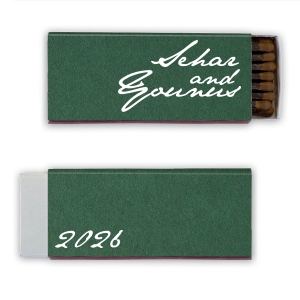 Strike a statement with the Bold Script Matchbox, where contemporary style meets personal touch. The front boldly displays the couple's first names in a modern script, while the back simply presents the year. This design combines artistic flair with fun, perfect for couples looking to add a distinctive accent to their special day.