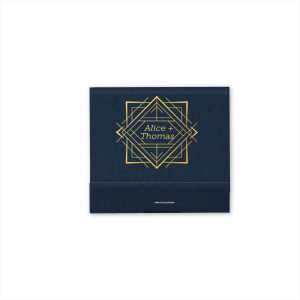 The Modern Deco Geometric Prism Match is a fusion of artistry and contemporary design. Its cover showcases a dynamic 3D geometric Art Deco pattern, creating a prism-like effect that radiates energy. Central to this vibrant display are the couple's first names, elegantly stacked, offering a personalized touch amidst the lively, artsy backdrop. This design makes a bold statement, reflecting a vibrant and energetic celebration.