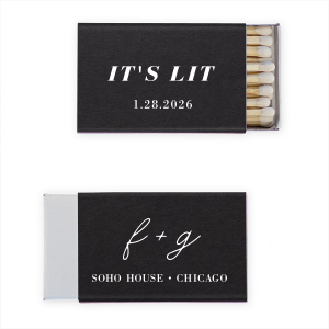 Dive into the vibrant It’s Lit Names Wedding Match design, where contemporary slang meets elegant personalization. Featuring the couple's initials in sweet script, juxtaposed with the event's location and date in varied fonts, this matchbox radiates excitement and fun, perfectly capturing the essence of a poppin' celebration.