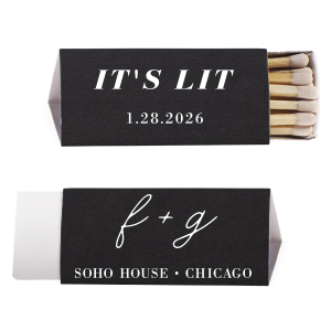 Dive into the vibrant It’s Lit Names Wedding Match design, where contemporary slang meets elegant personalization. Featuring the couple's initials in sweet script, juxtaposed with the event's location and date in varied fonts, this matchbox radiates excitement and fun, perfectly capturing the essence of a poppin' celebration.