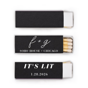 Dive into the vibrant It’s Lit Names Wedding Match design, where contemporary slang meets elegant personalization. Featuring the couple's initials in sweet script, juxtaposed with the event's location and date in varied fonts, this matchbox radiates excitement and fun, perfectly capturing the essence of a poppin' celebration.