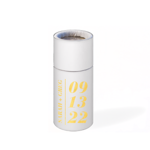 ForYourParty's chic Natural NEW Frost White Barrel Matchbox with Shiny 18 Kt Gold Foil will look fabulous with your unique touch. Your guests will agree!