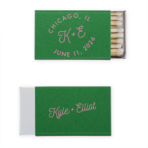 This custom Bespoke Logo Initials Stamp Wedding Match features a vibrant arched typography design and elegant cursive initials for a modern look, featuring your initials, names, and dates! Commemorate your special day by gifting these personalized keepsakes that guests will cherish long after the celebration. They are perfect for summer weddings or engagement parties.