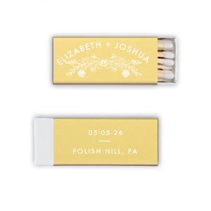 The Floral Bough Wedding Match presents a graceful bough design, symbolizing the blossoming union of a couple. Curved elegantly over this motif are the couple’s names, signifying their shared journey. On the back, the date and event location are tastefully featured, perfect for commemorating a special day.