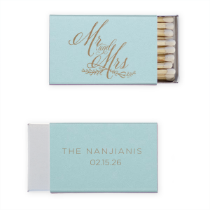 The Elegant Script Mr And Mrs Wedding Match radiates elegance.  The design showcases “Mr. and Mrs.” in swirling script, underscored by a sweet bough with heart-shaped leaves. The reverse side displays the couple’s last name, accompanied by the celebration date, crafting a royal statement for the newlyweds.